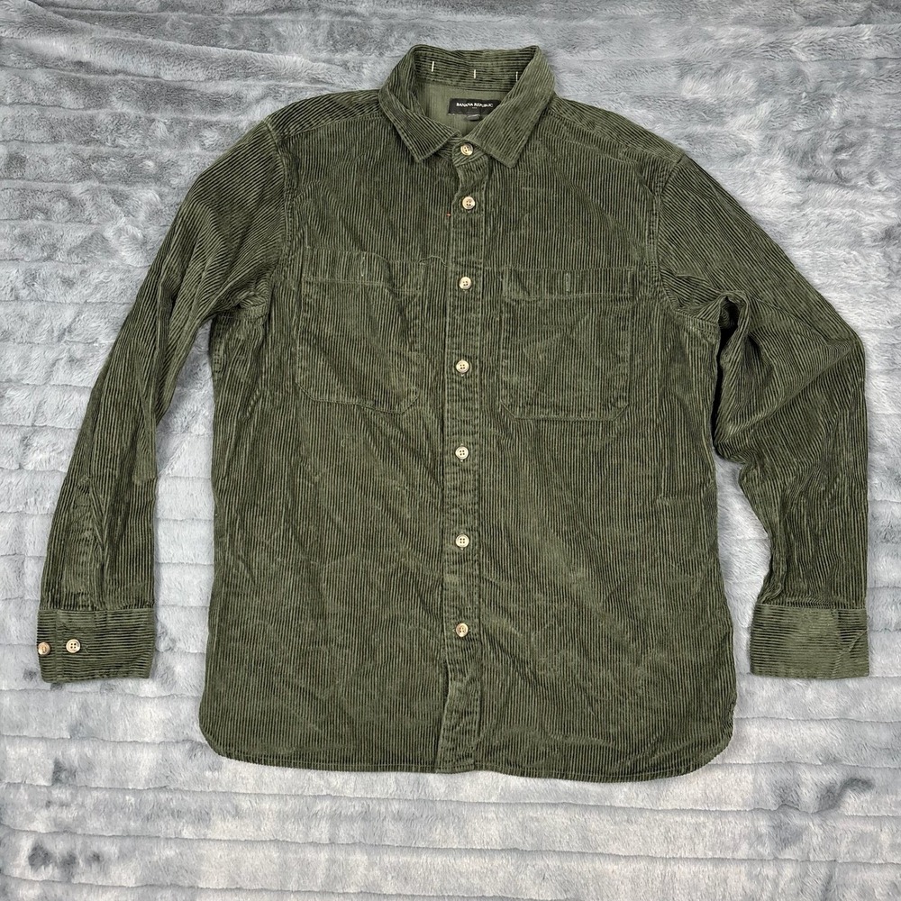 Banana Republic Mens Olive Green Corduroy Button Down Shirt Large 100% Cotton